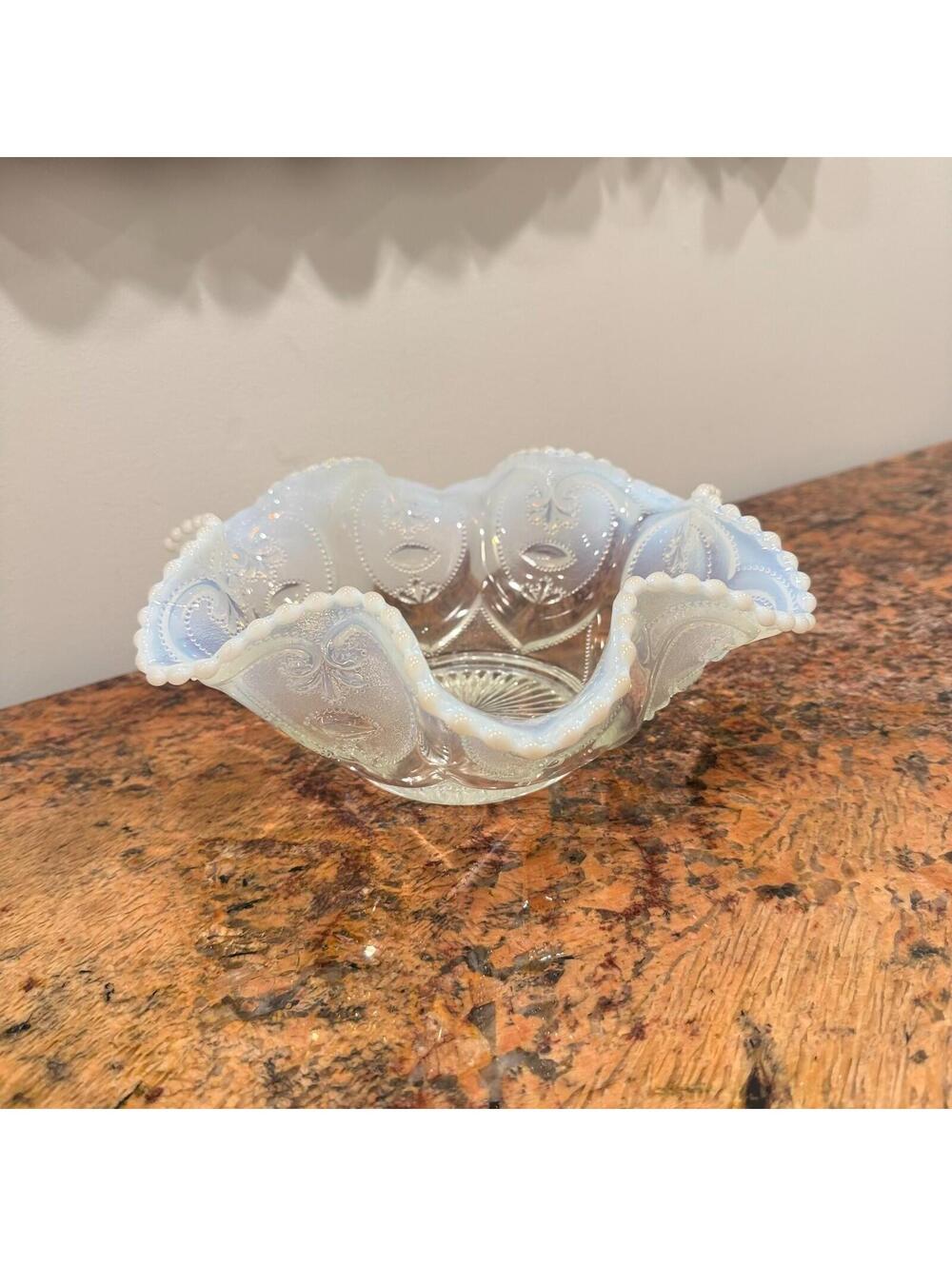 Vintage Dugan Glass Co. Jeweled Heart White Opalescent Ruffled Berry Bowl